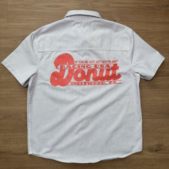 Donut Racing USA Shirt Mens M Striped Button Down Short Sleeve Workwear Style - Picture 2 of 11